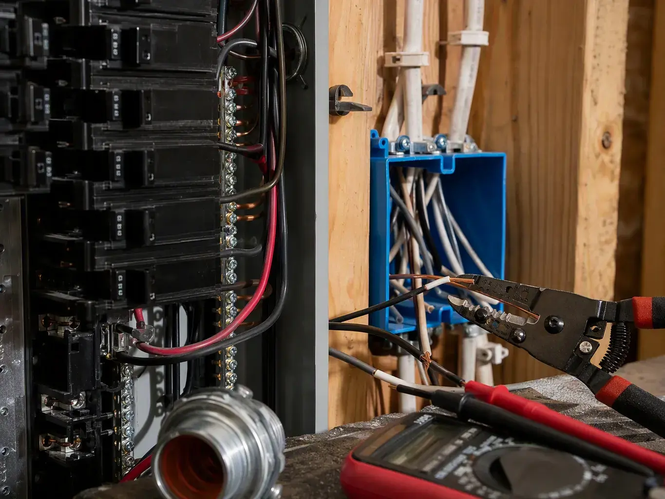 Electrician stripping wires beside a breaker panel and blue junction box inside
