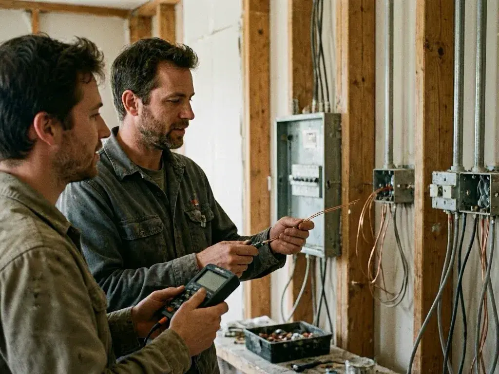 Two men inspect exposed electrical wiring in an unfinished room with open wall