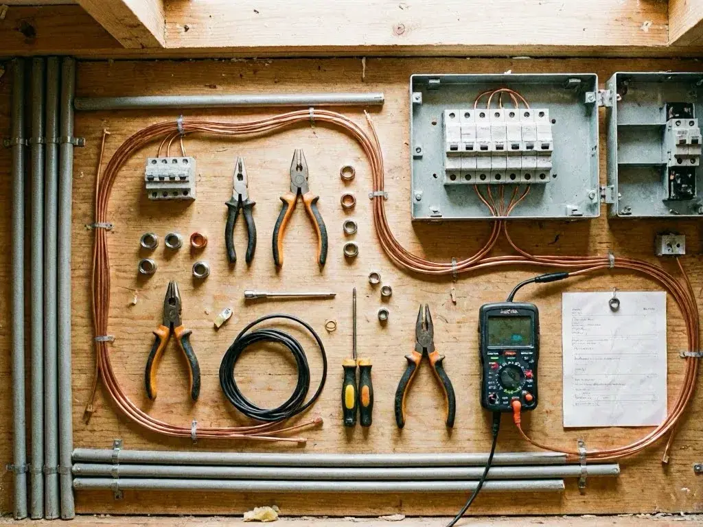 Electrical tools, wires, breakers, and a multimeter are arranged on a plywood work surface in a workshop
