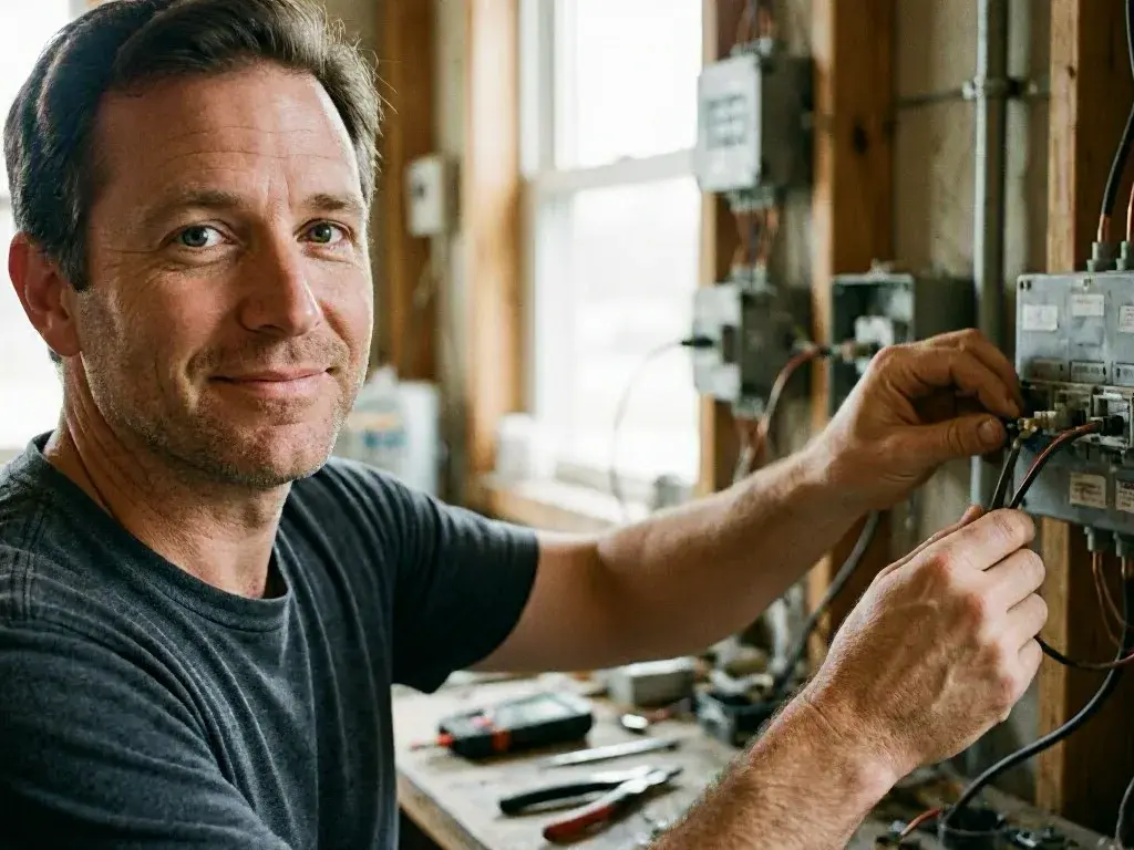 A smiling man adjusts wiring on an electrical panel inside a workshop near a bright window