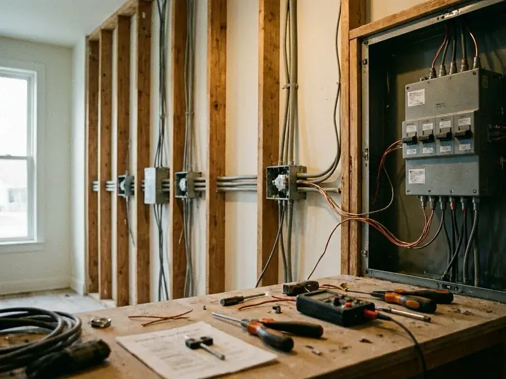 An unfinished room shows exposed electrical wiring, breaker boxes, and tools spread across a workbench