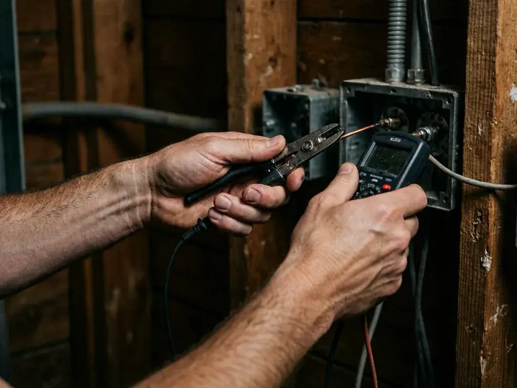 Hands use wire cutters and a multimeter to test wiring inside an open wall box