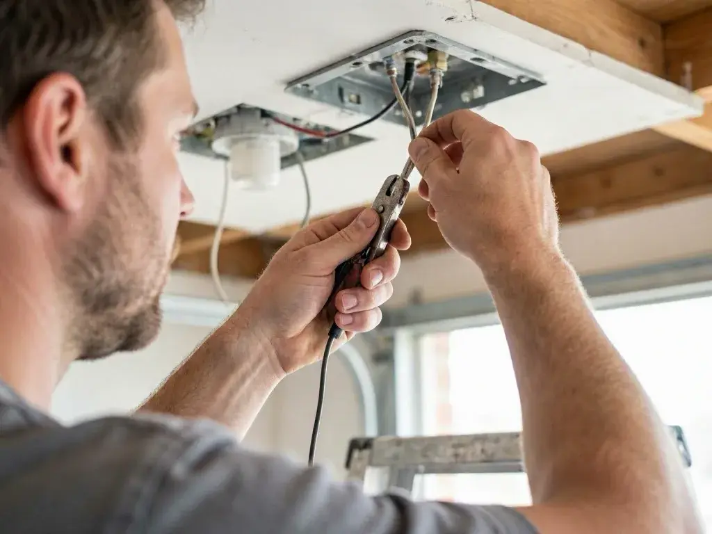 A man repairs ceiling wiring with pliers inside a room under construction