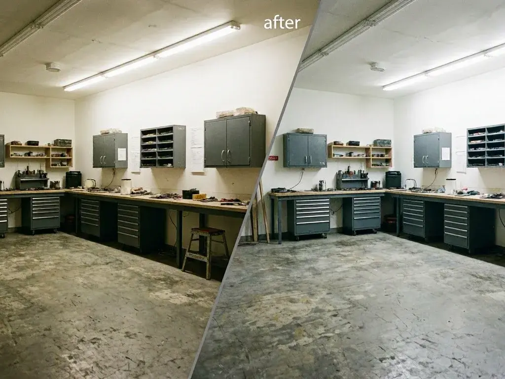 Split-screen workshop with workbenches, cabinets, and tool drawers, showing a cleaner concrete floor on the right