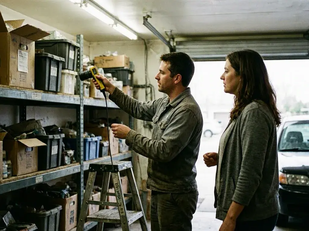 Man scans garage shelves while a woman watches beside him in a workshop