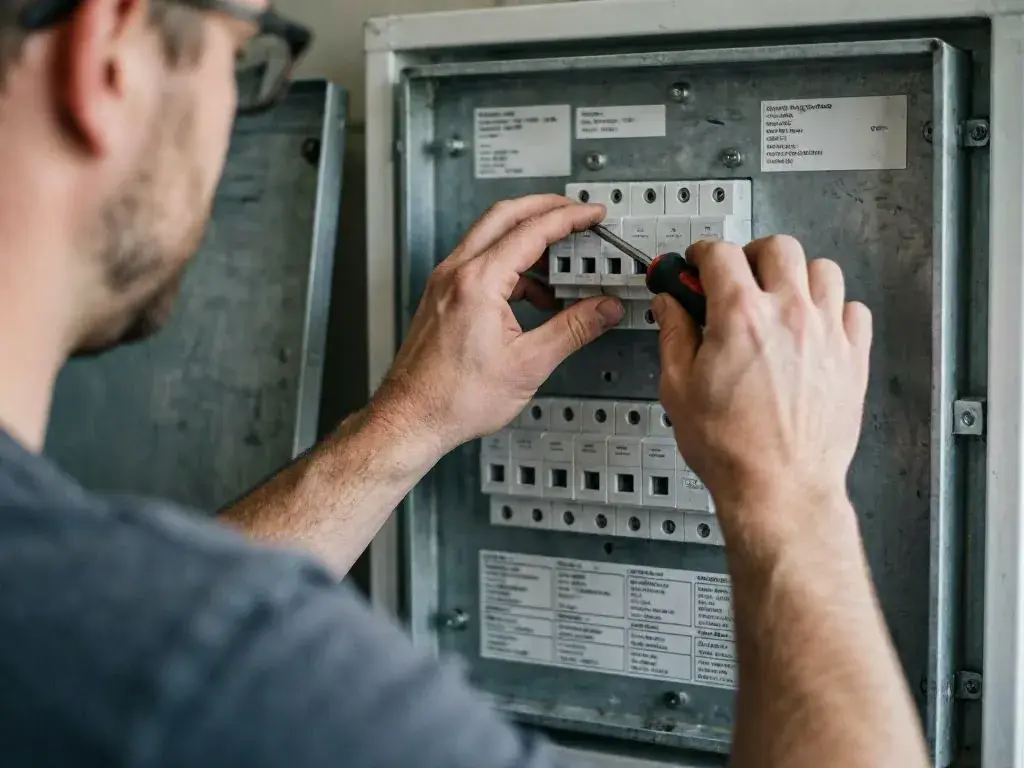 Technician tracing wires beside an open panel