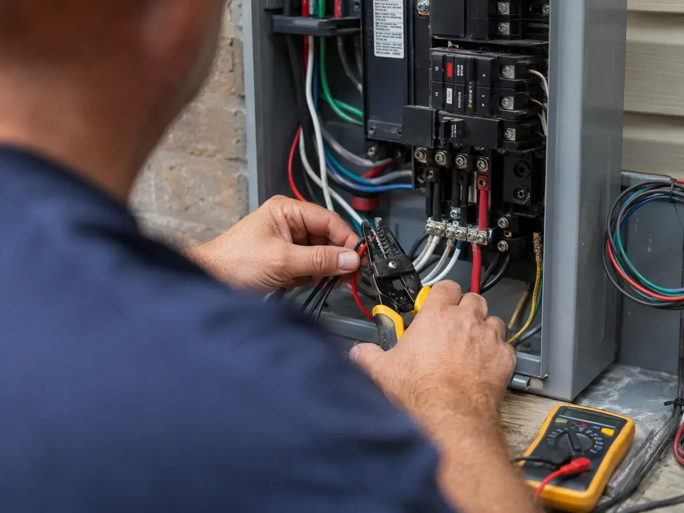 Electrician strips wires inside an open breaker panel beside a yellow multimeter