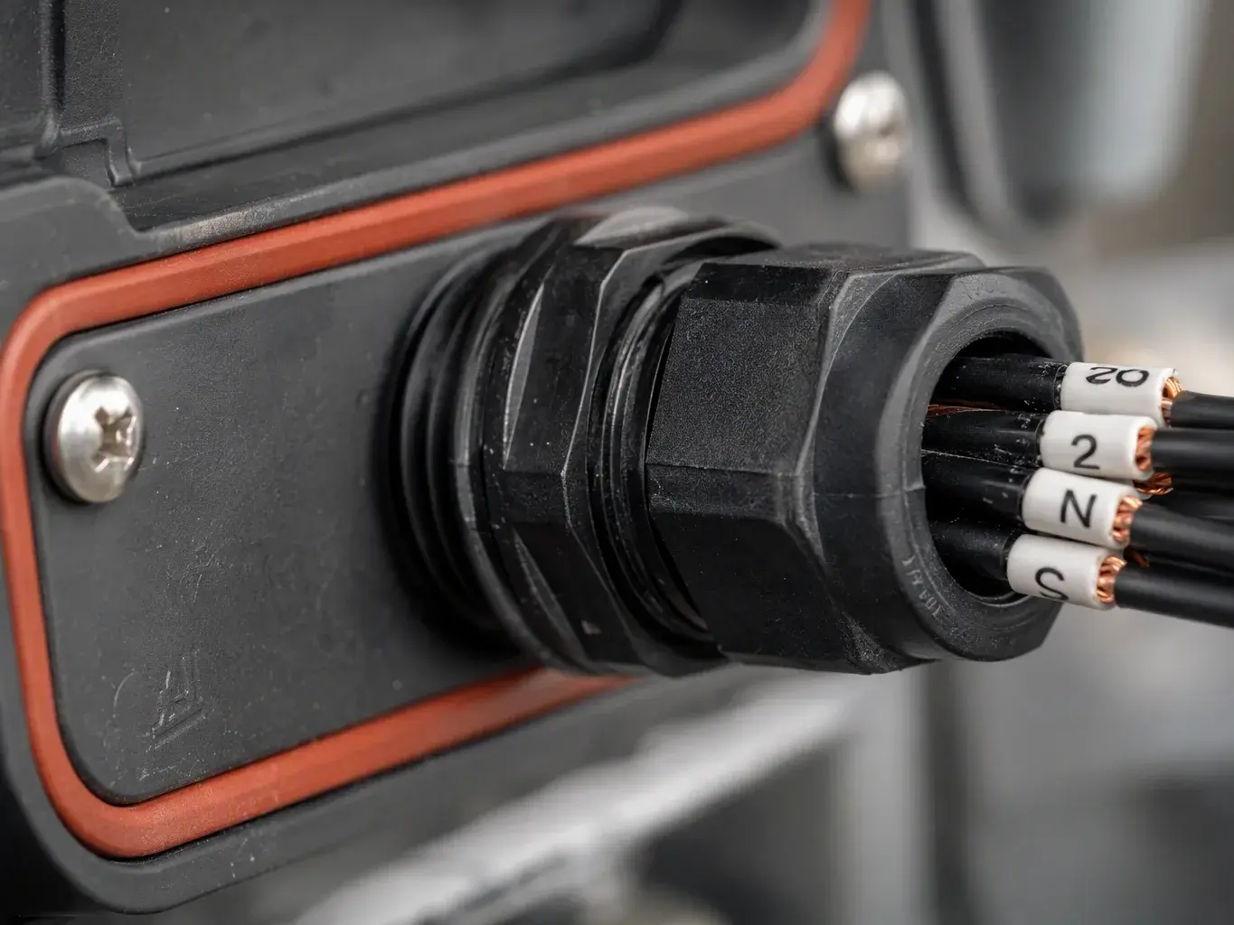Labeled wires pass through a sealed cable gland on an industrial electrical