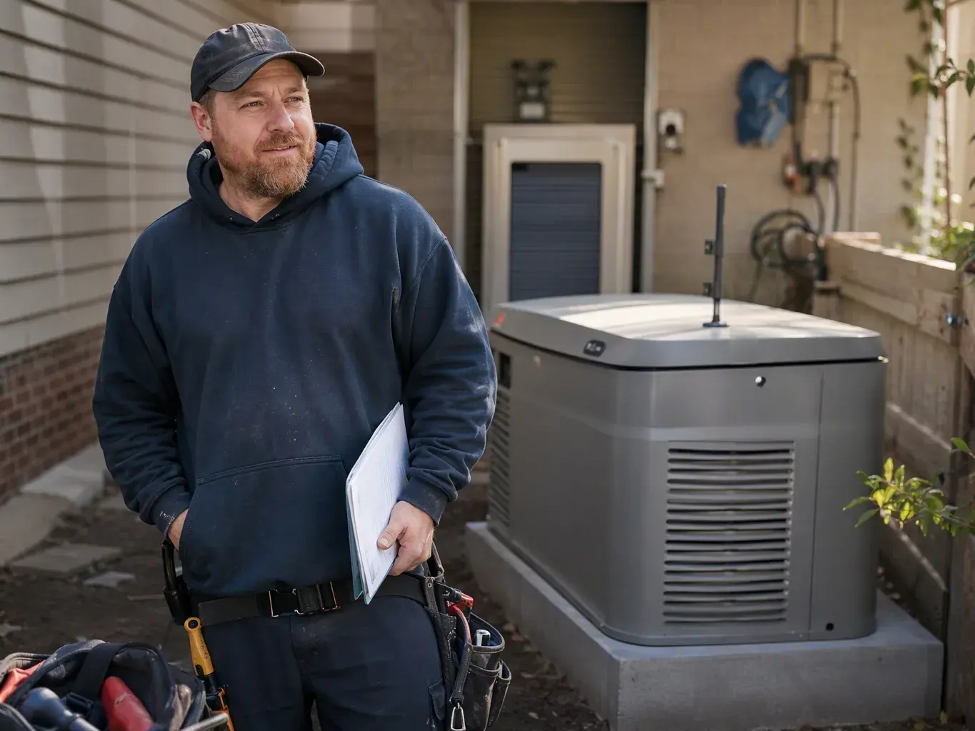 Man stands beside a large outdoor generator holding papers in a narrow side yard