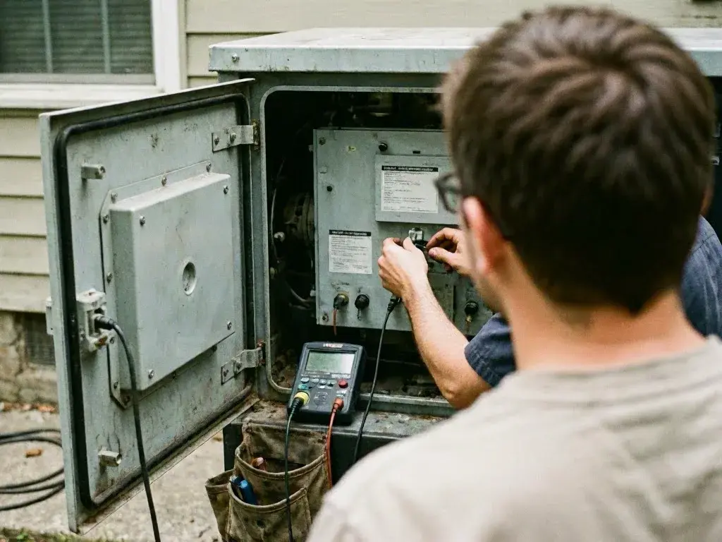 Two men inspect an open outdoor electrical cabinet while one uses a handheld