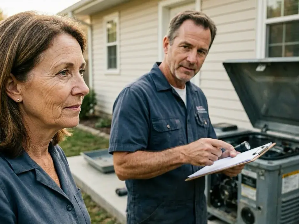 Two technicians inspect an open outdoor generator beside a Cincinnati house