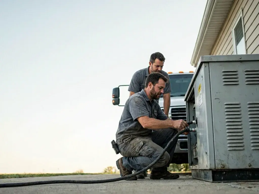 Two workers kneel beside a large outdoor metal unit and connect hoses