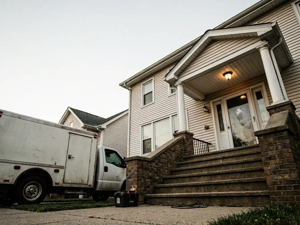 White service truck parked beside a beige house with a front porch