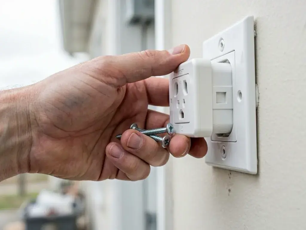 Hand securing a white electrical outlet cover to an indoor wall