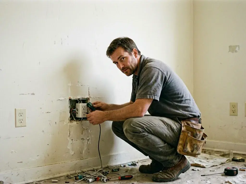 Technician wiring an electrical outlet in a bare room with tools nearby