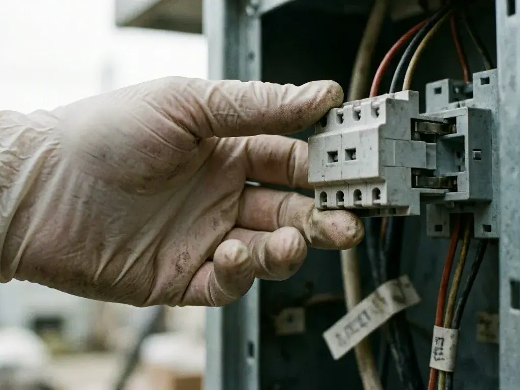 Technician checking a GFCI outlet in a shop