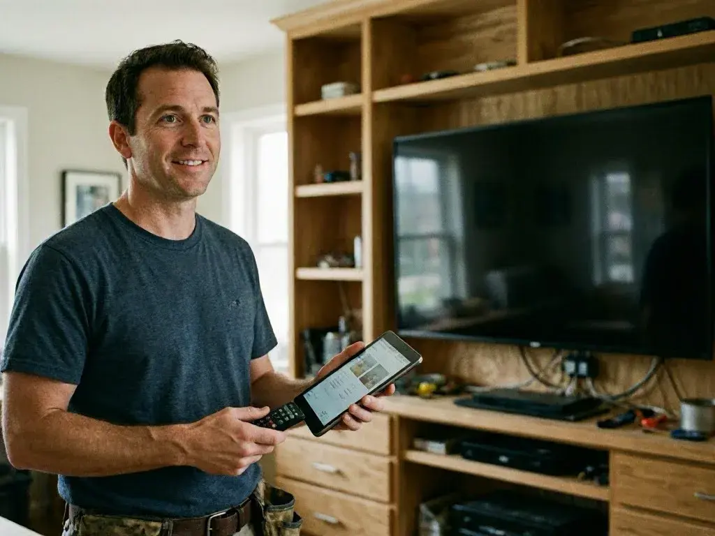 Smiling man holds a smartphone beside a wall-mounted television and wooden