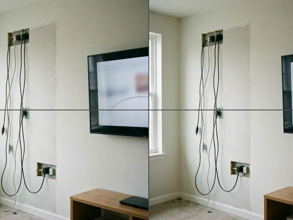 Wall-mounted television with exposed cables and open electrical boxes in a room