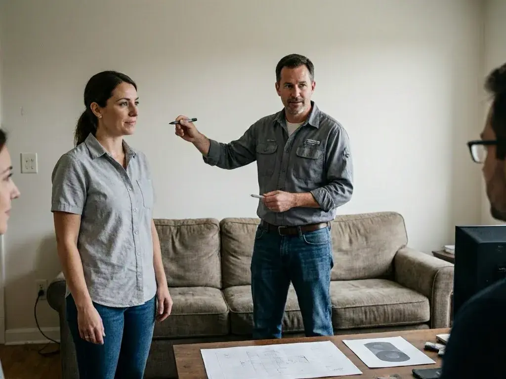 Two people stand in a living room as a man points toward a woman with a pen