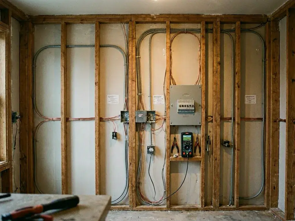 Unfinished room with exposed studs, electrical wiring, breaker boxes, and a
