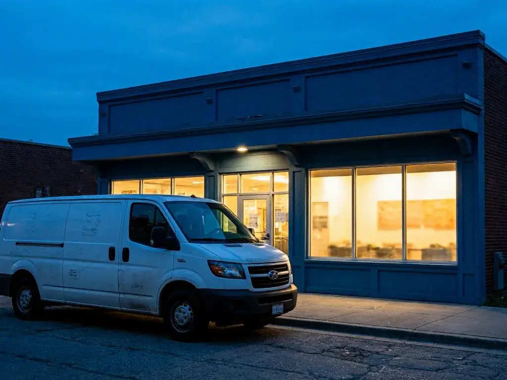 White cargo van parked outside a warmly lit storefront at dusk