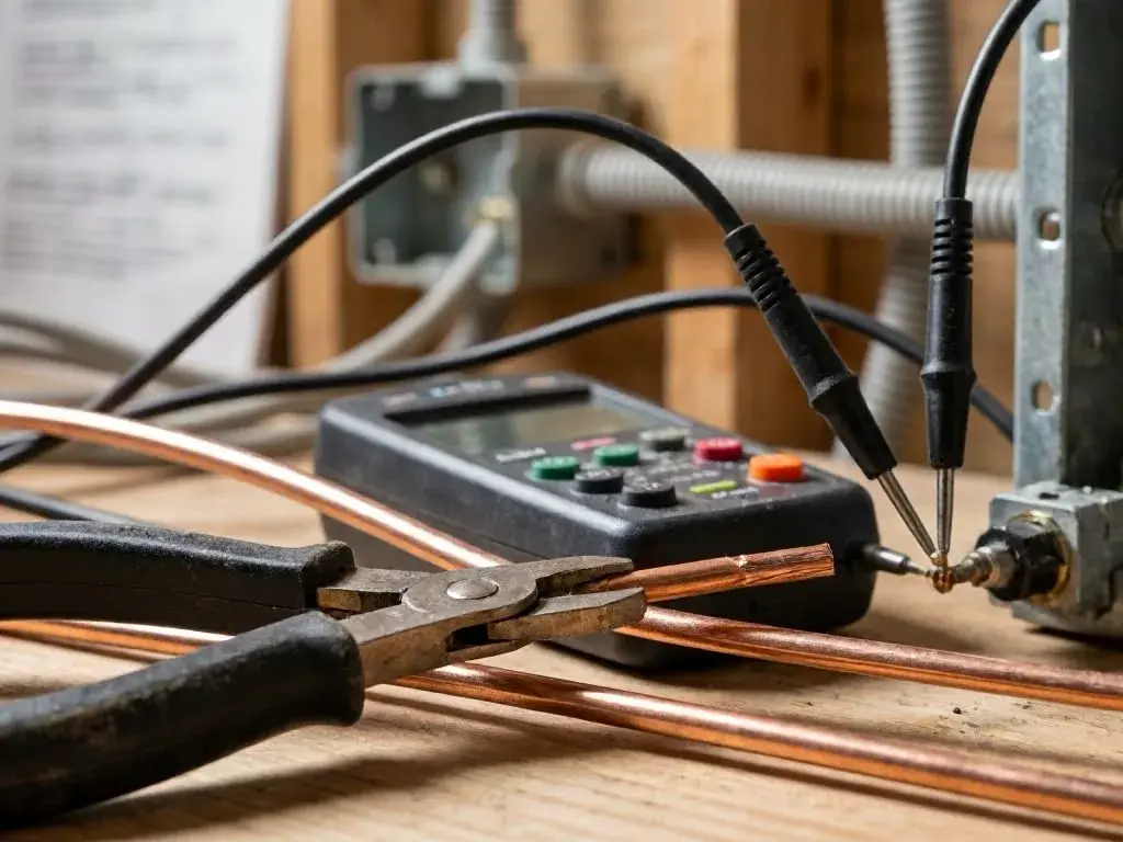 Pliers and two probe leads rest beside copper tubing on a wooden workbench in a workshop
