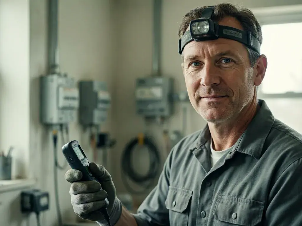 Electrician wearing gloves and headlamp tests equipment with a handheld