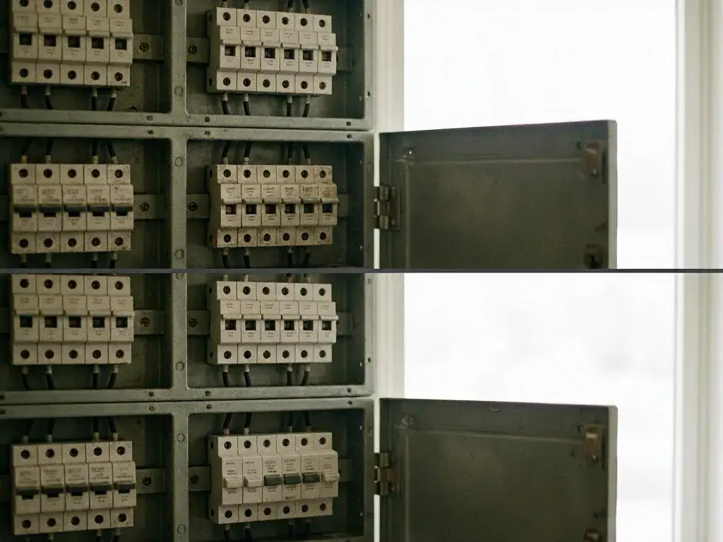 Open electrical breaker panels display rows of switches against a bright wall