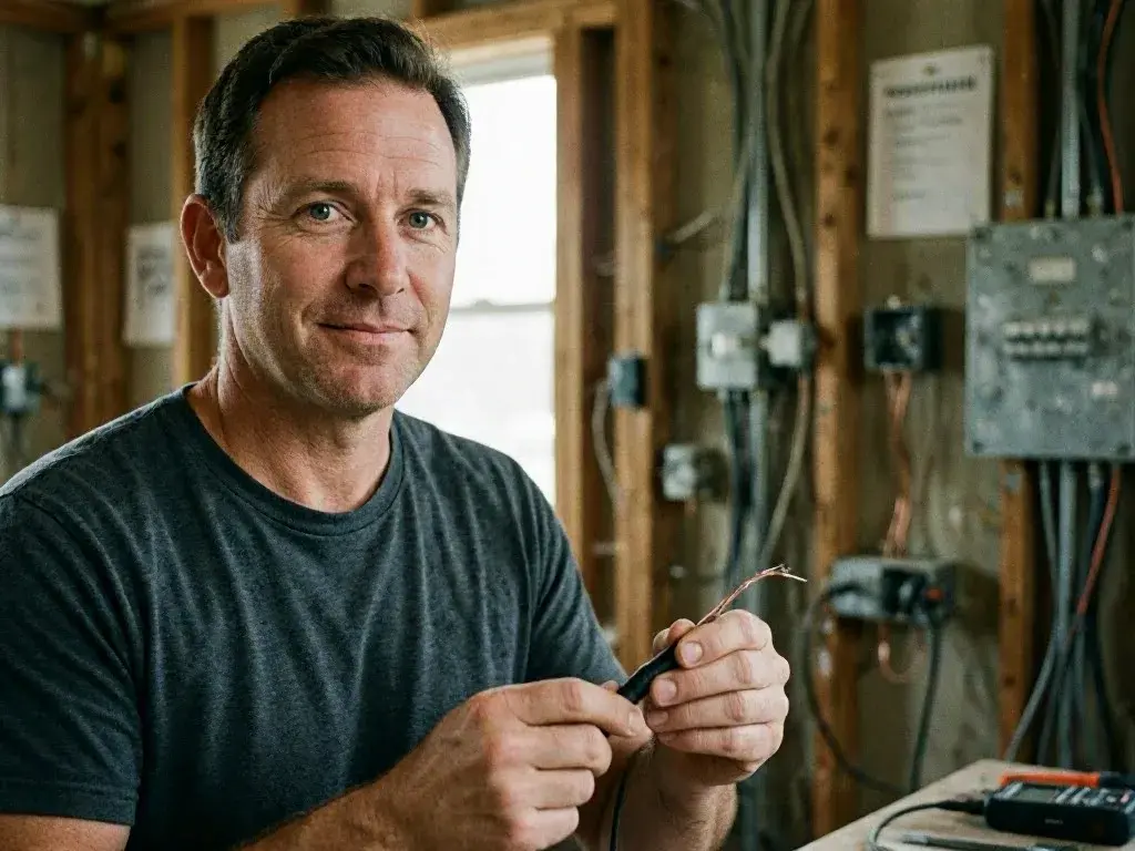 Man stripping a wire inside a room with exposed electrical panels and cables