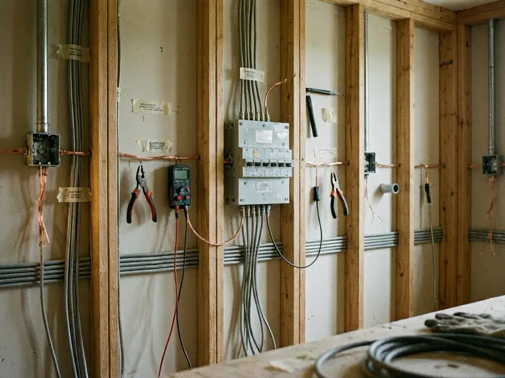 Wall framing with electrical wiring, junction boxes, breaker panel, and