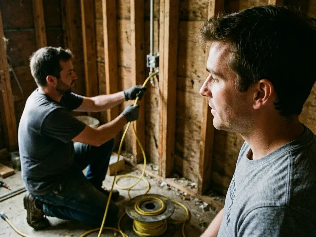 Two workers installing yellow cable inside a stripped wooden room