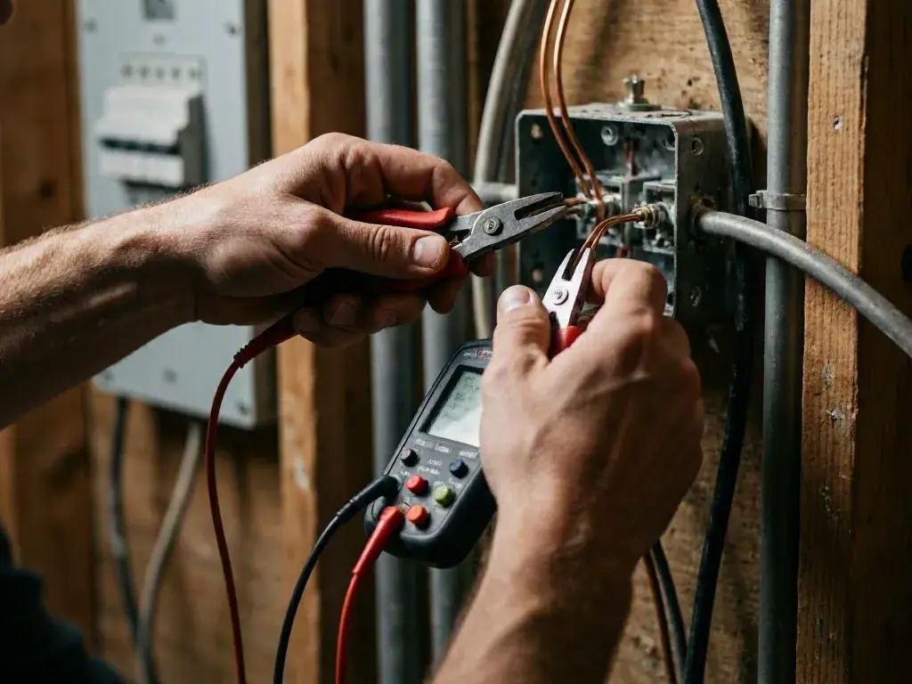 Hands test electrical wiring with pliers and a meter inside an open wall box