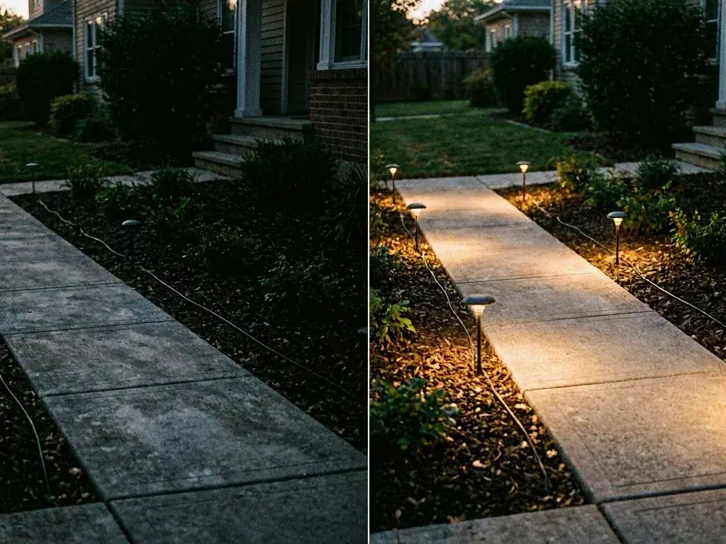 A split view shows a dark front walkway on the left and the same path lit by garden lights on the right