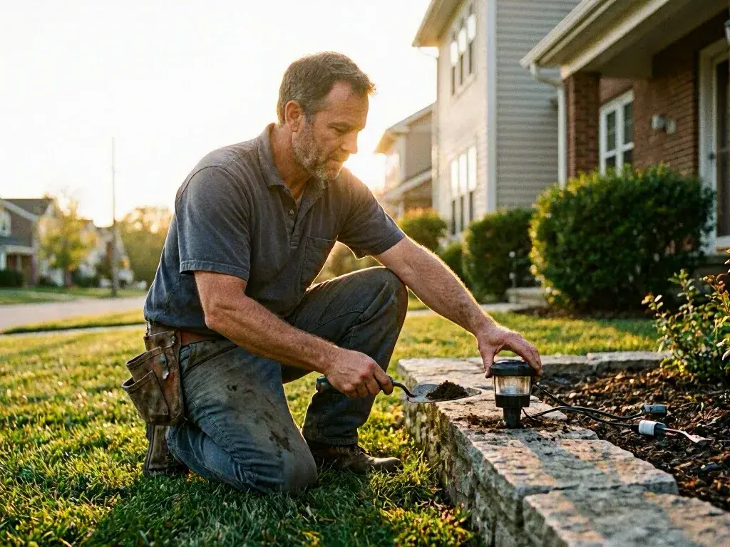 A man kneels in a suburban yard, installing a garden light beside a stone border at sunset