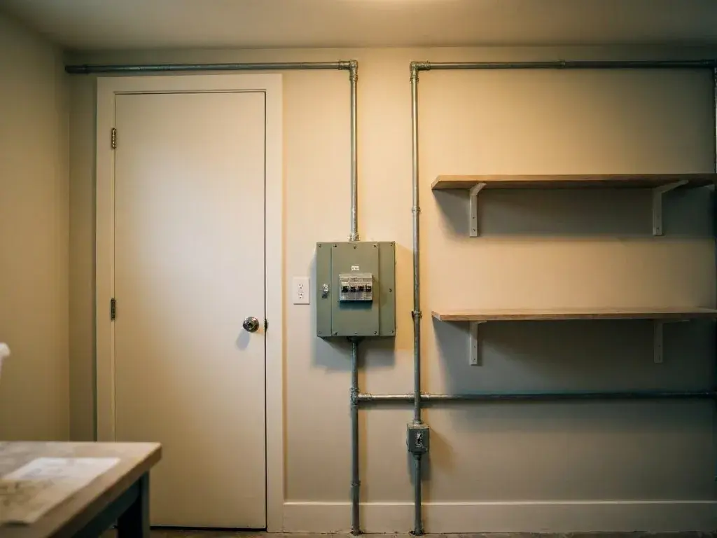 Utility room with an electrical panel, exposed metal pipes, white door, and