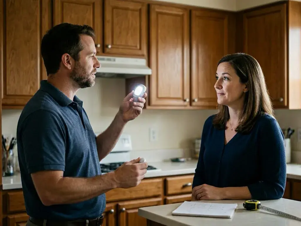 Man shows a small bright light to a woman in a kitchen with wood cabinets