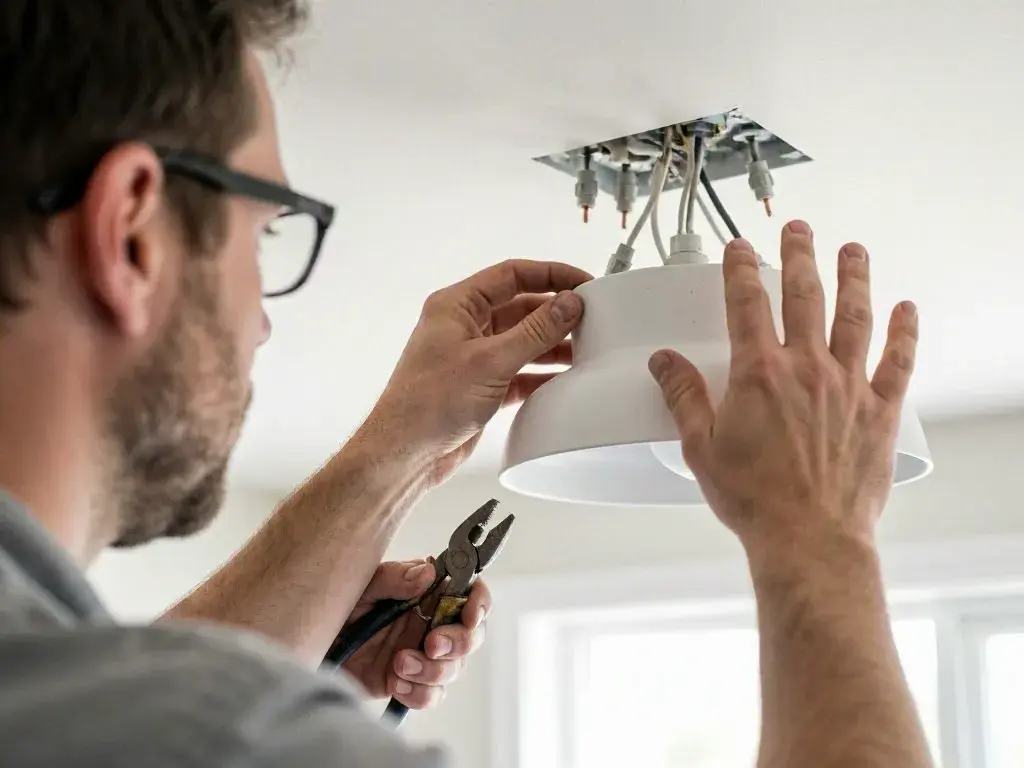 Electrician wearing glasses installs a ceiling light fixture with pliers