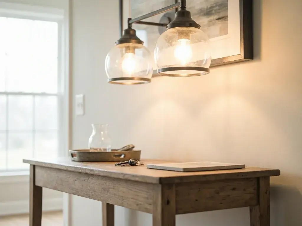 Wooden table beneath two glass pendant lights beside a bright window and framed