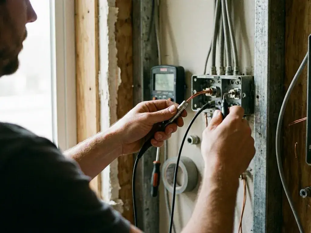 Man repairs exposed electrical wiring beside a window inside an unfinished wall