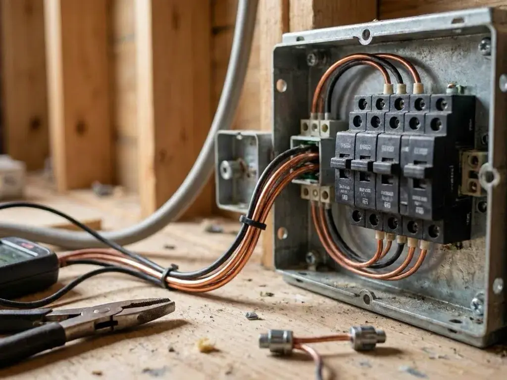 Electrical breaker box with copper wires, pliers, and loose fittings on a