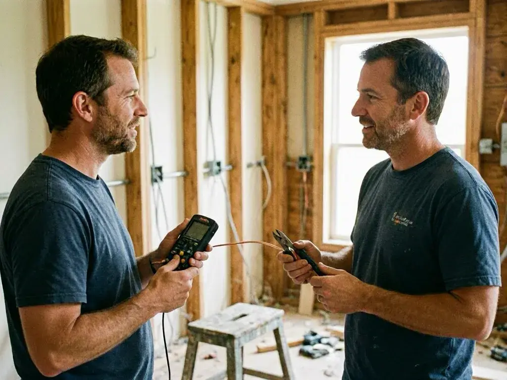 Two electricians inspect wiring inside a house under renovation