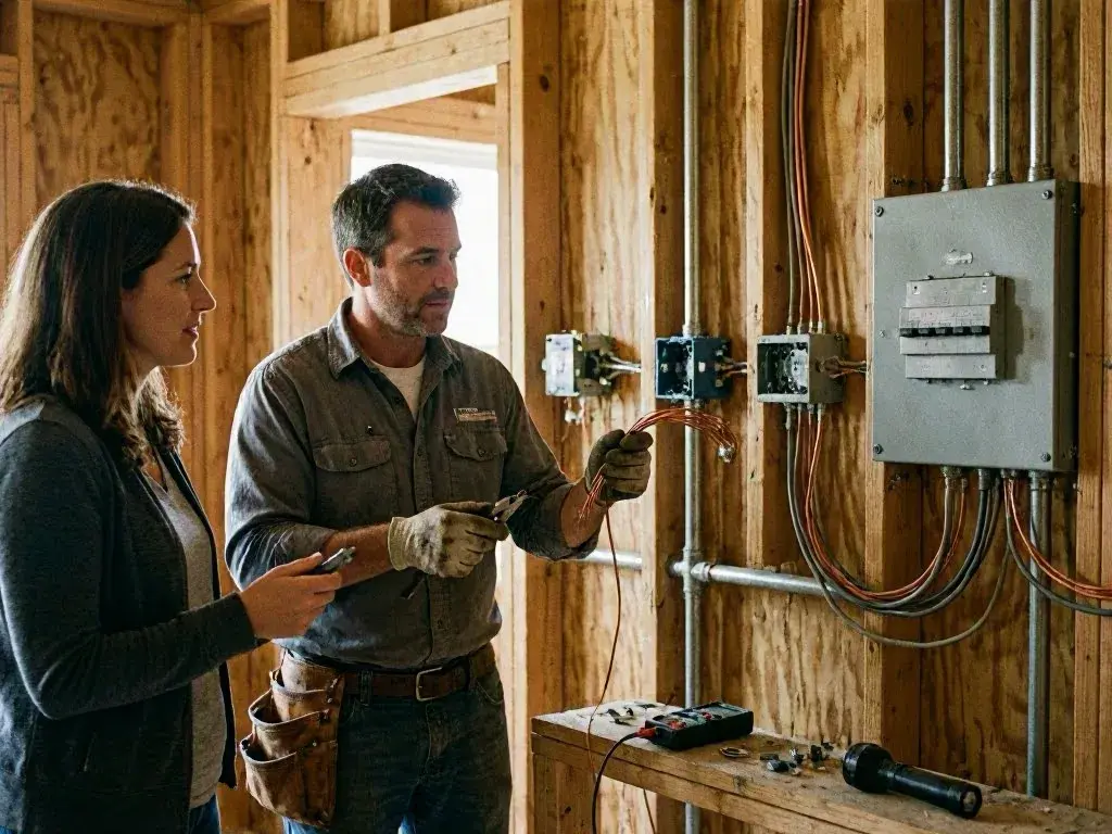 Two workers examine exposed wiring and an electrical panel at a construction