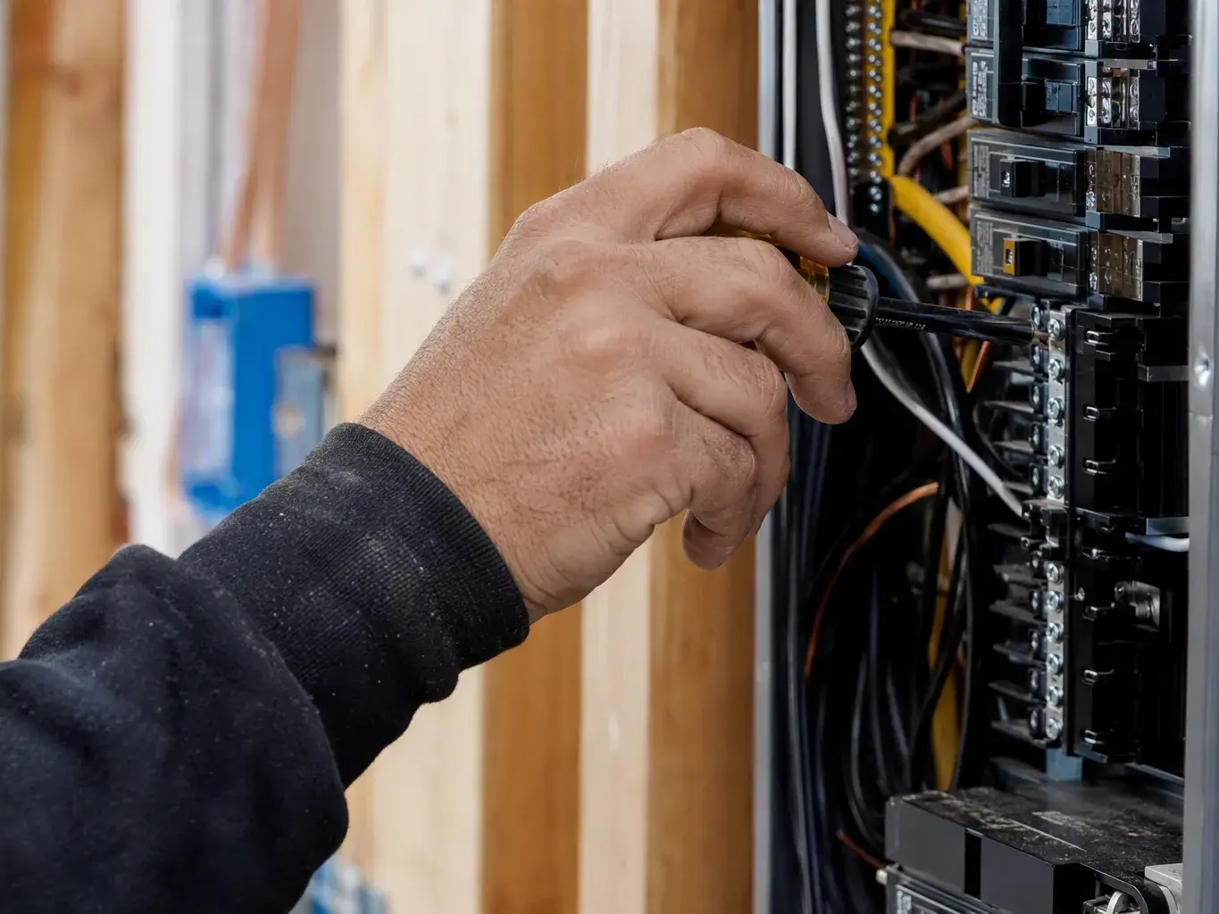 Electrician uses a screwdriver to adjust wiring inside an open electrical panel