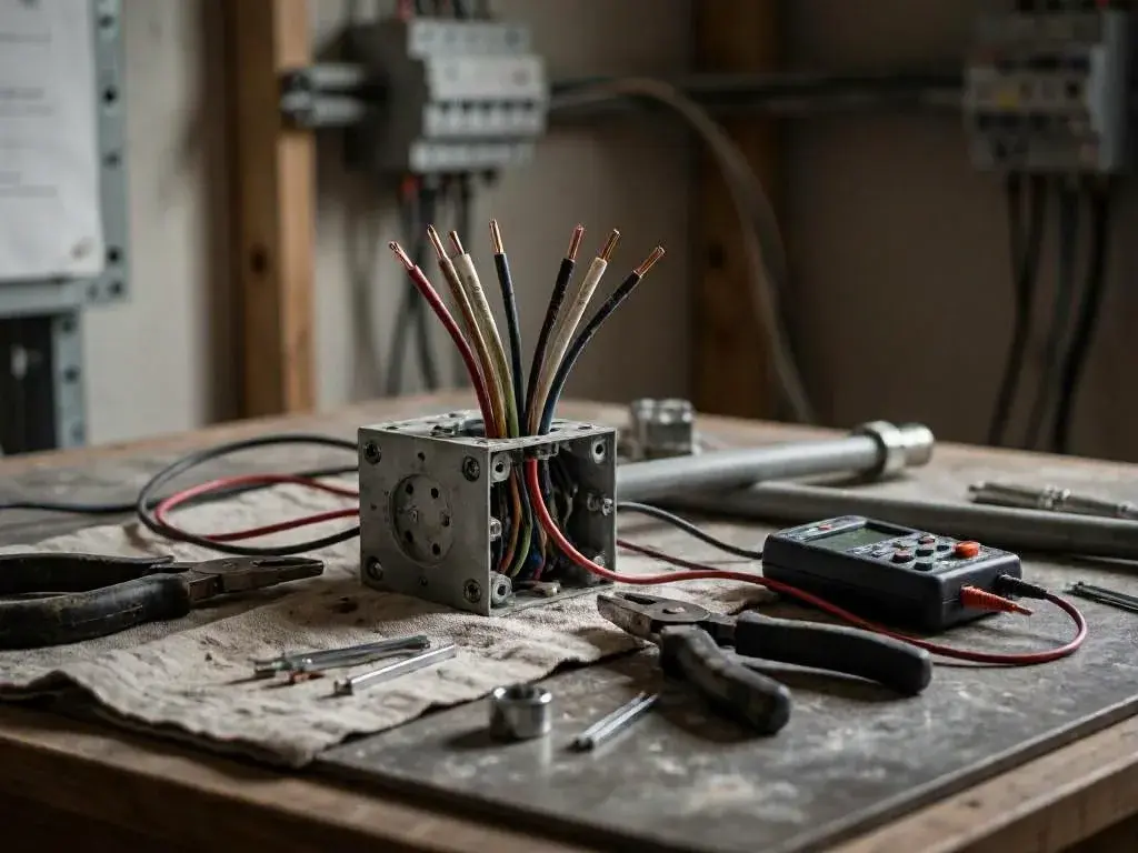 Electrical box with exposed wires, pliers, tester, and tools on a workbench