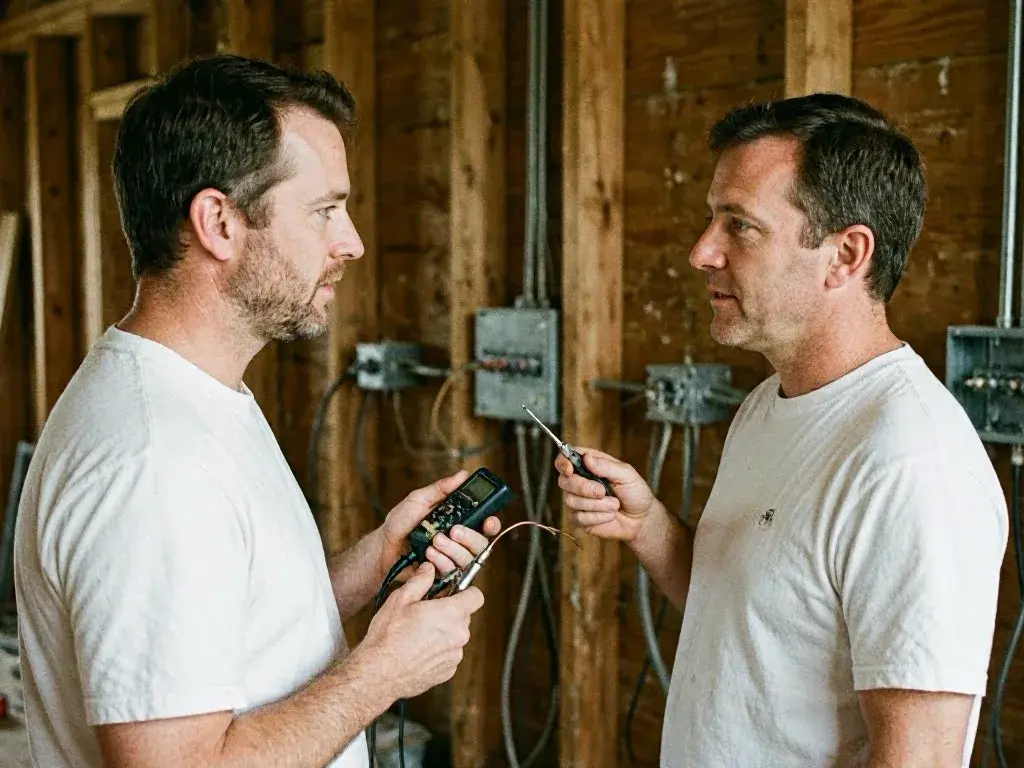 Two electricians inspect wiring inside a wooden building frame