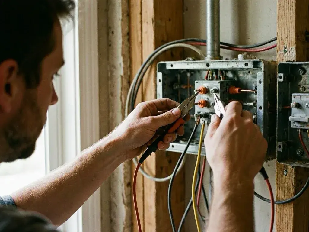 Electrical tools, breaker panel, wire boxes, and coiled cables lie arranged on a workbench