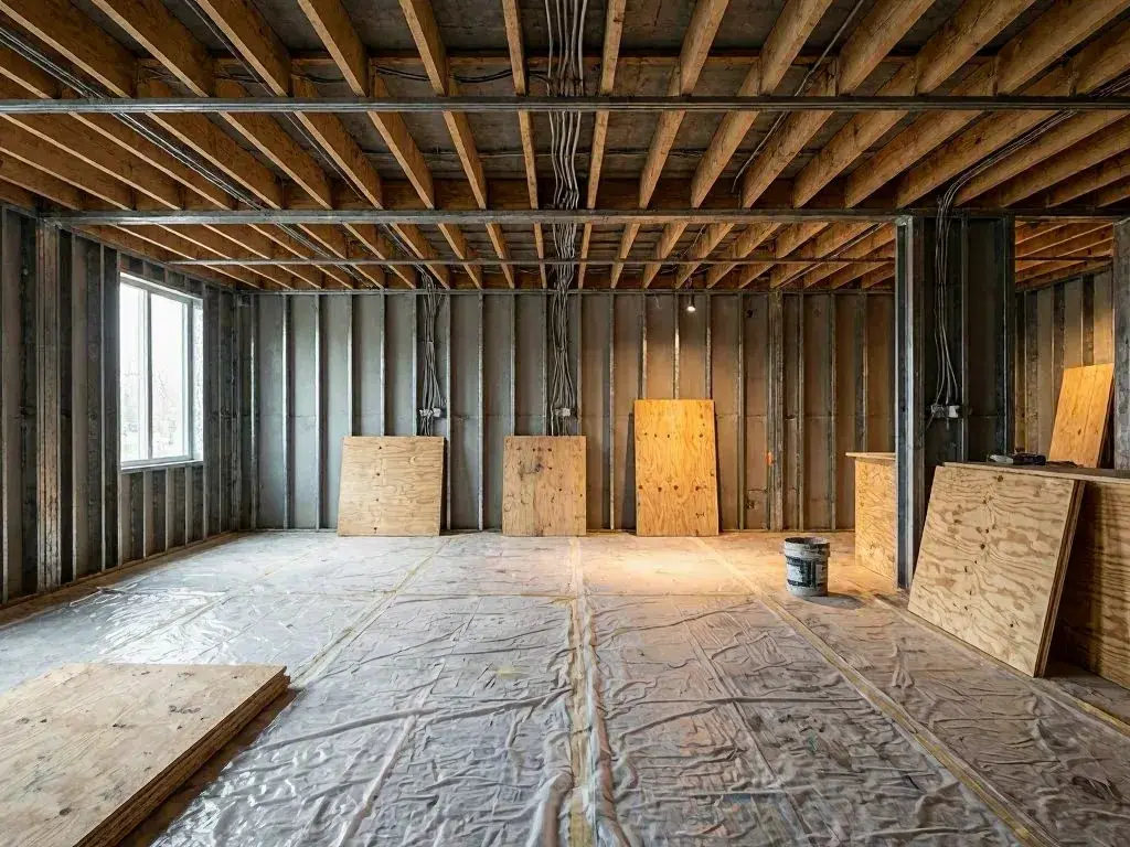 An unfinished room shows exposed framing, plywood sheets, plastic-covered floor, and a window on the left