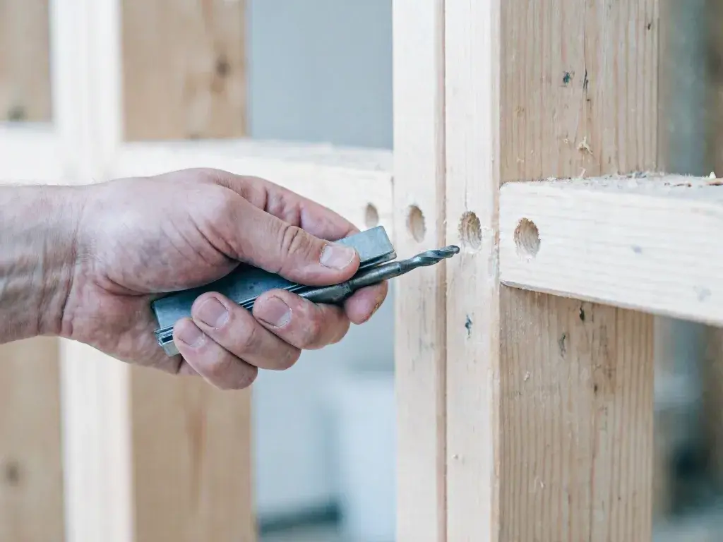 A hand holds a drill bit against a wooden frame with drilled holes nearby