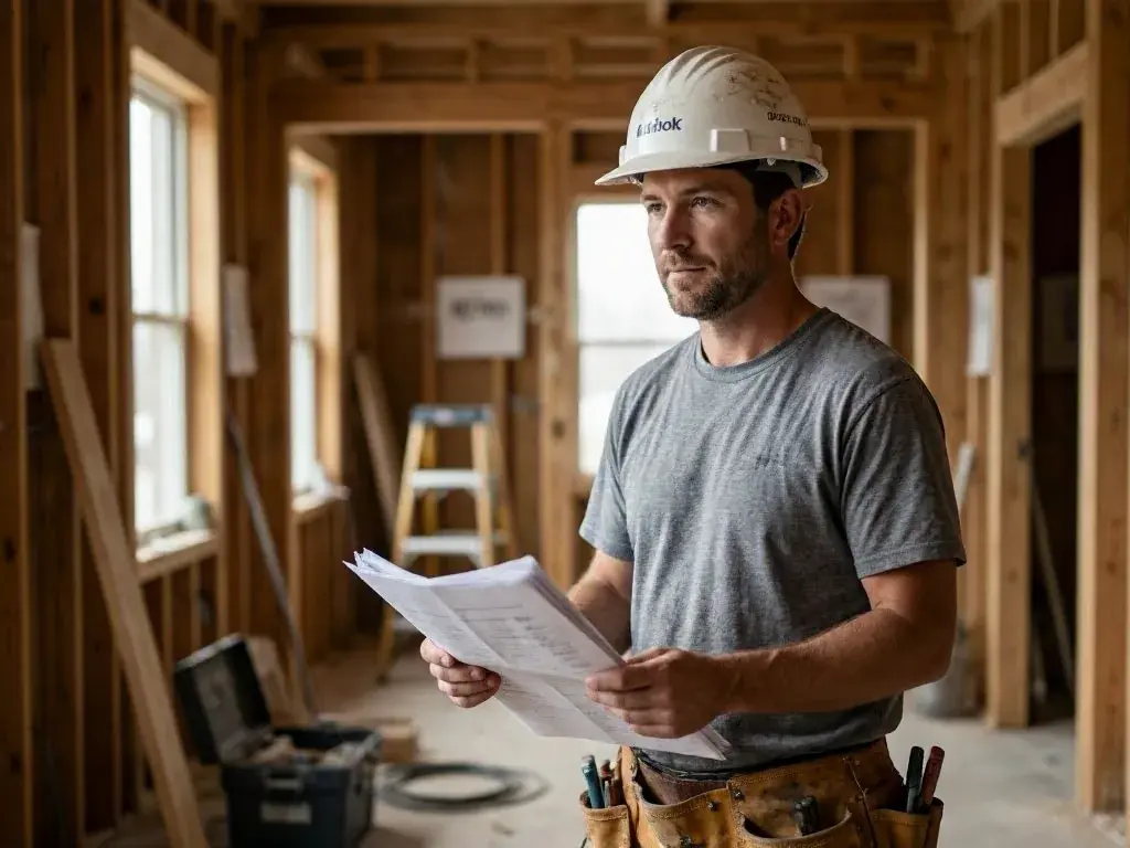 Construction worker in a hard hat reviews plans inside a wooden house frame