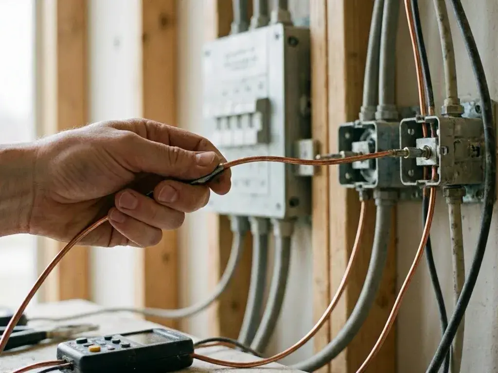 A hand pulls a copper wire in an unfinished wall beside electrical boxes and cables